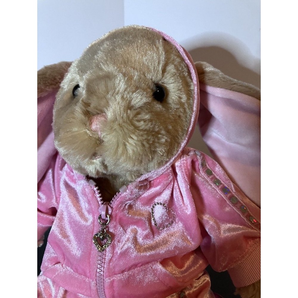Build-A-Bear Tan Bunny Floppy Ears w/Pink Velvet  Rhinestone Hoodie Skirt Outfit - Picture 11 of 16